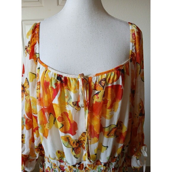 Figueroa & Flower Womens Ivory Orange Print Smocked Midi Dress Fairy Boho 2X - Picture 7 of 15